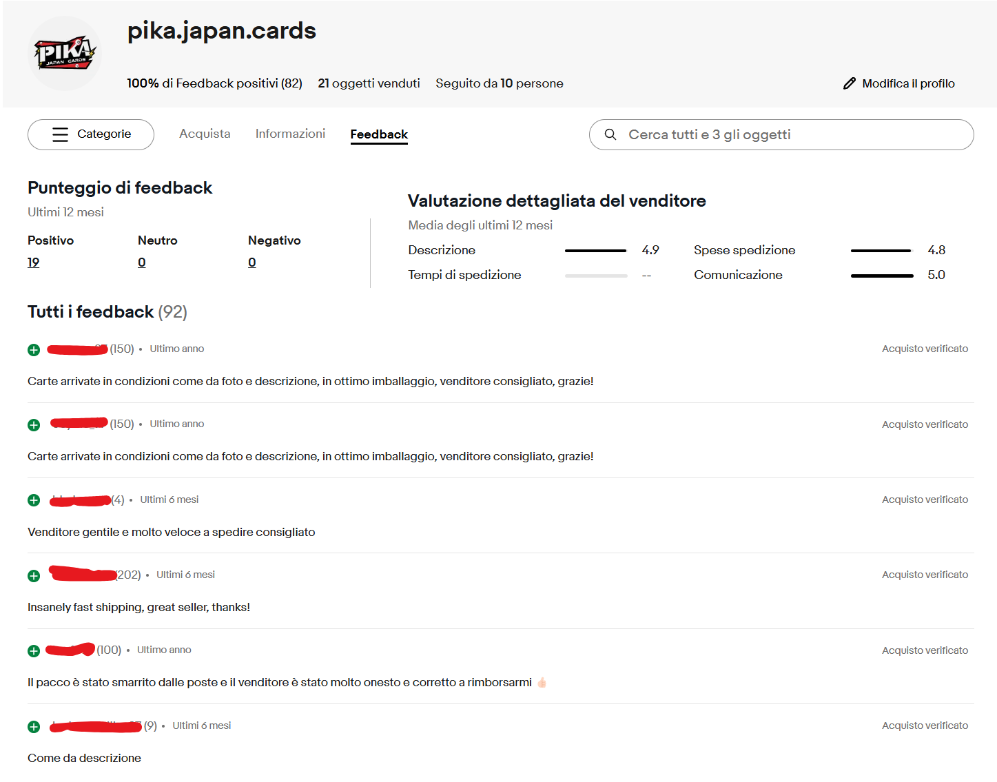 Recensioni ebay Pika Japan Cards